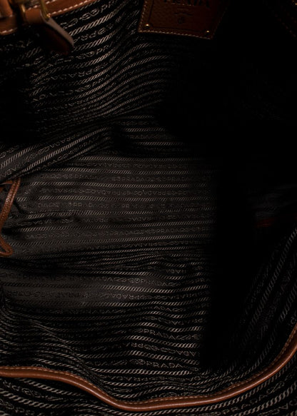 Prada Brown Pebbled Tote Bag With Long Shoulder Strap And Gold Hardware