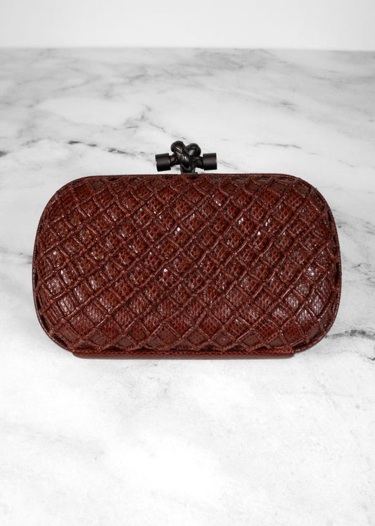 Bottega Veneta Brown Snake Skin Knot Clutch