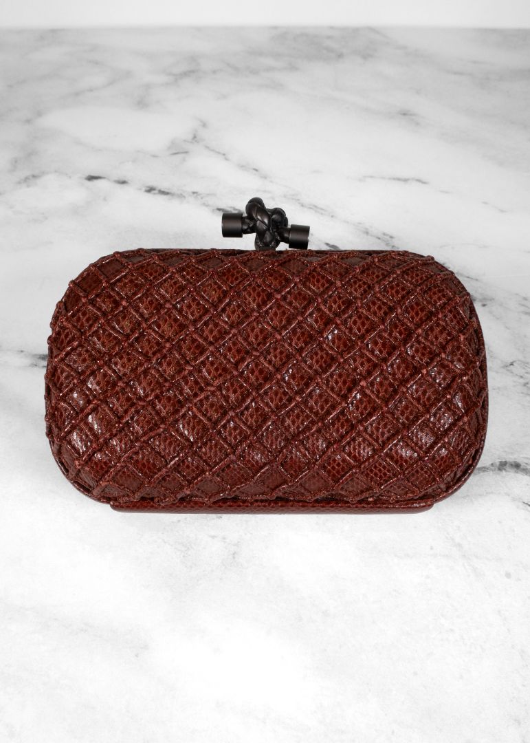Bottega Veneta Brown Snake Skin Knot Clutch