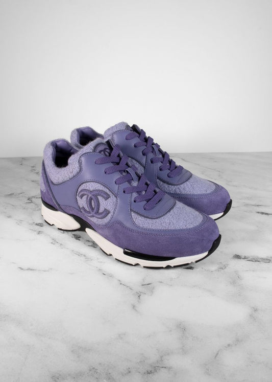 Chanel Purple Suede Leather And Tweed Sneakers