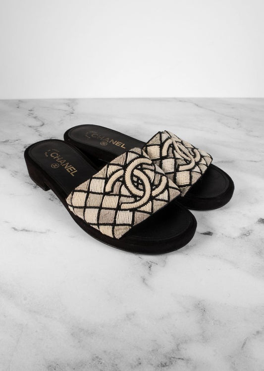 Chanel White & Black Beaded CC Sandals With Suede Heel