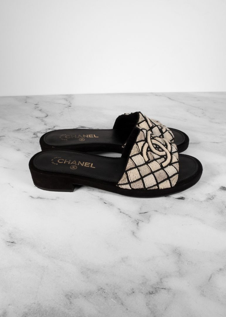 Chanel White & Black Beaded CC Sandals With Suede Heel