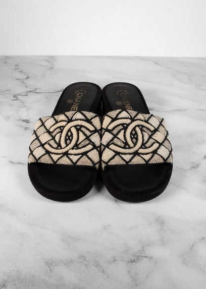Chanel White & Black Beaded CC Sandals With Suede Heel