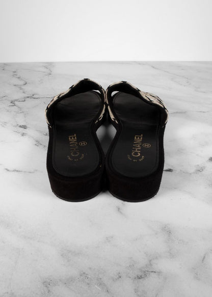 Chanel White & Black Beaded CC Sandals With Suede Heel
