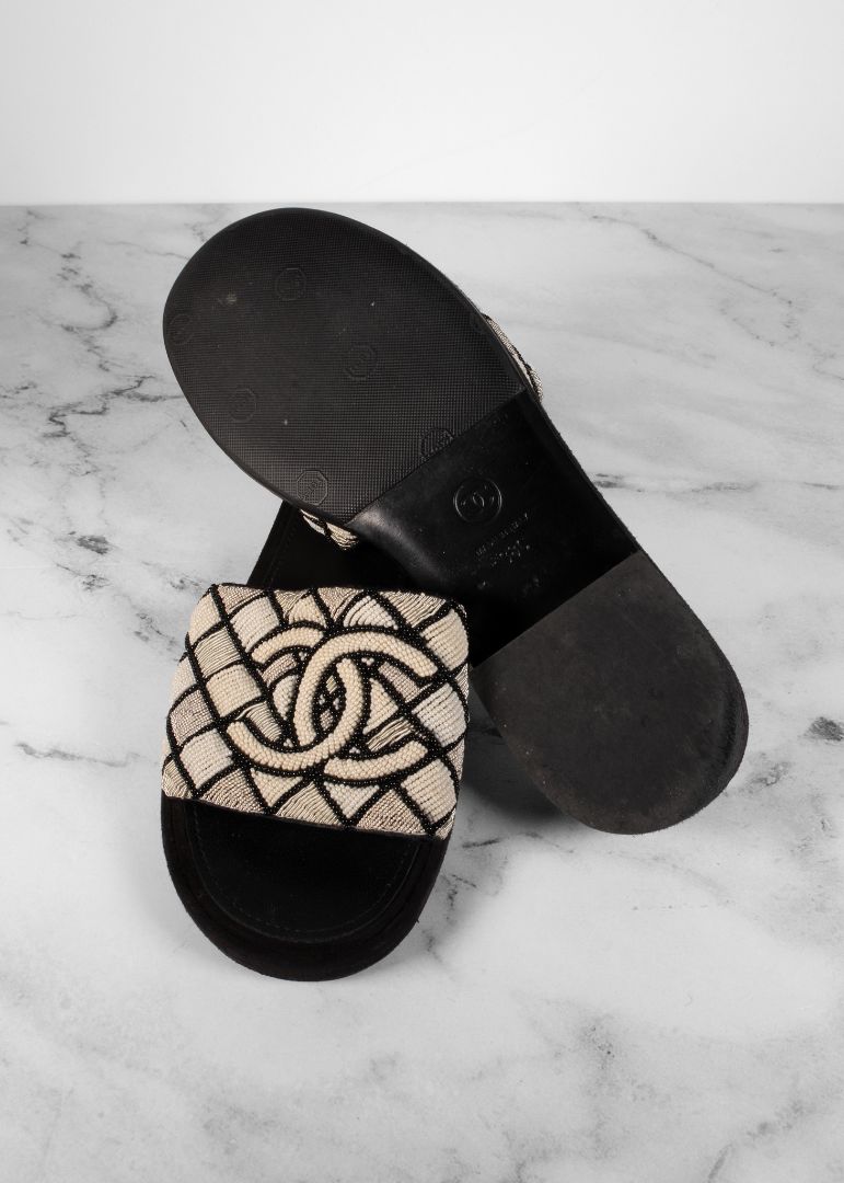 Chanel White & Black Beaded CC Sandals With Suede Heel