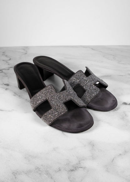 Hermes Black Oasis Sandals With Silver Glitter
