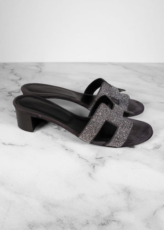 Hermes Black Oasis Sandals With Silver Glitter