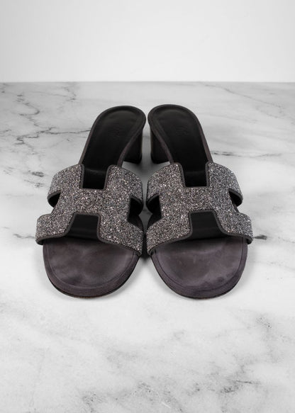 Hermes Black Oasis Sandals With Silver Glitter