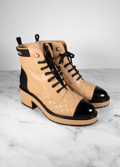 Chanel Lambskin Patent Calfskin Quilted Lace Up Boots