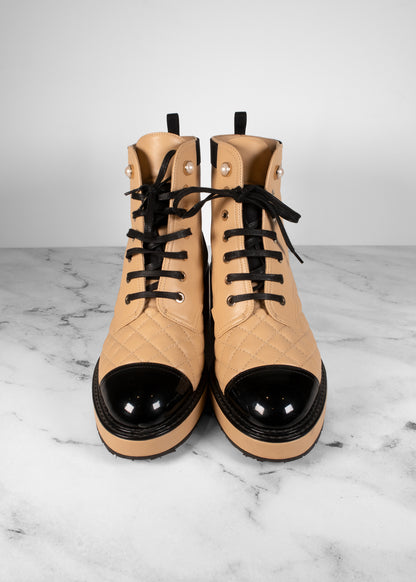 Chanel Lambskin Patent Calfskin Quilted Lace Up Boots