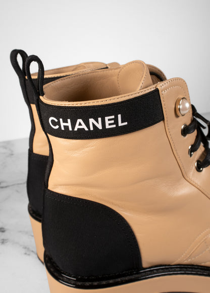 Chanel Lambskin Patent Calfskin Quilted Lace Up Boots
