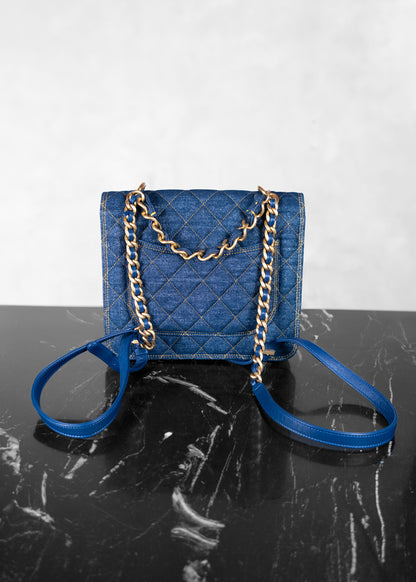 Chanel Square Flap Backpack Blue Denim Antique Gold Hardware