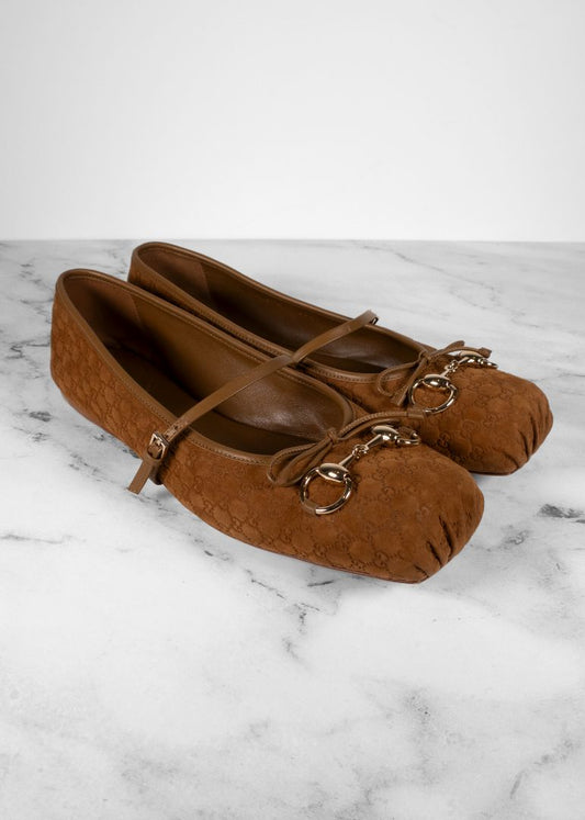Gucci Brown Suede Monogram Flats With Horsebit