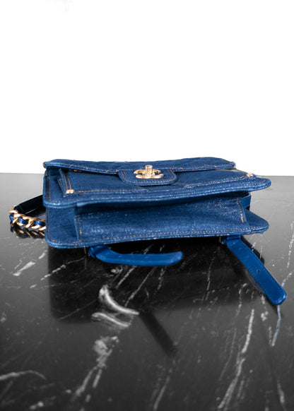 Chanel Square Flap Backpack Blue Denim Antique Gold Hardware