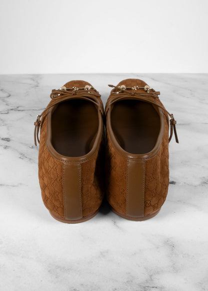 Gucci Brown Suede Monogram Flats With Horsebit