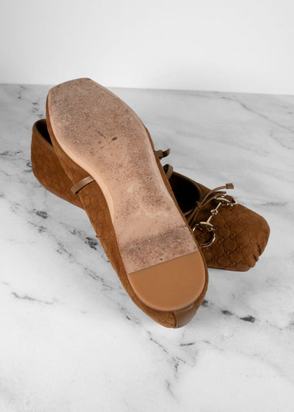 Gucci Brown Suede Monogram Flats With Horsebit