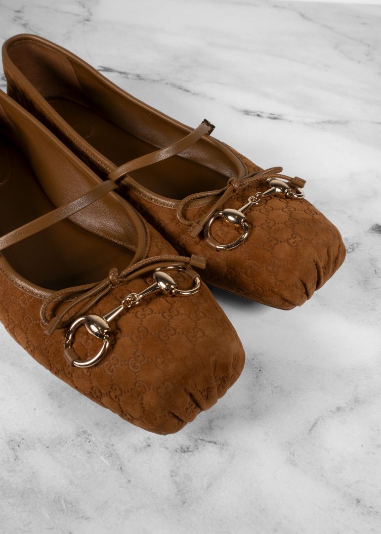 Gucci Brown Suede Monogram Flats With Horsebit
