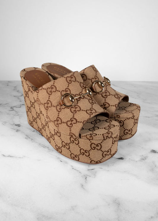 Gucci Brown Monogram Platform Slides With Horsebit Detail