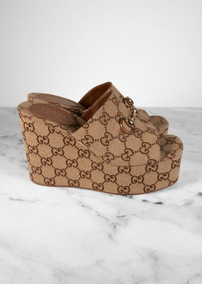 Gucci Brown Monogram Platform Slides With Horsebit Detail