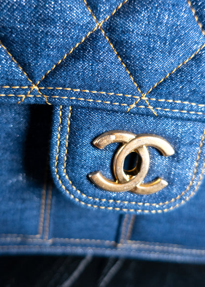 Chanel Square Flap Backpack Blue Denim Antique Gold Hardware