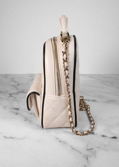 Chanel White Quilted Leather Mini Backpack With Gold Chains And Top Handle