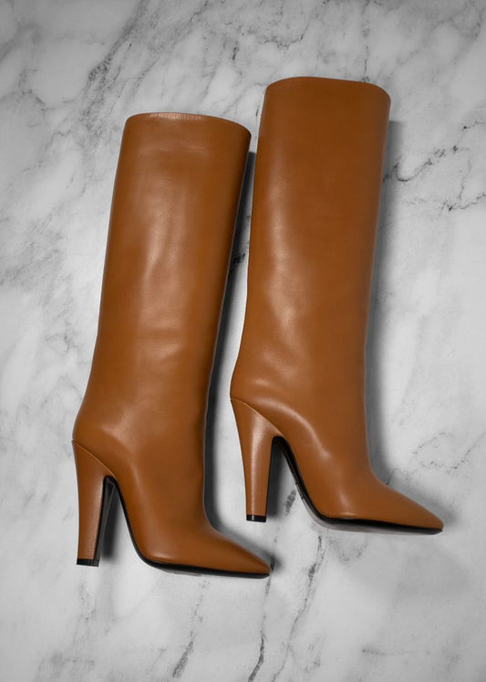 Saint Laurent Light Brown Leather Knee High Boots