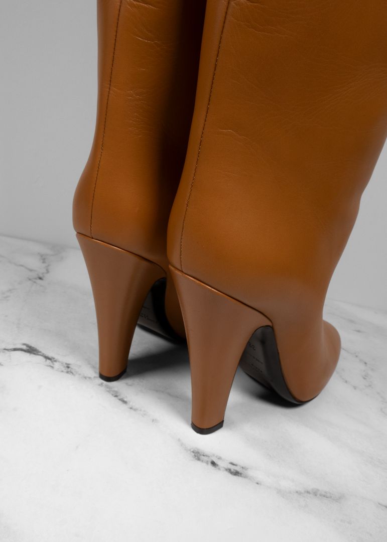Saint Laurent Light Brown Leather Knee High Boots