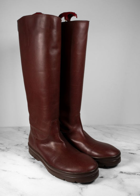 The Row Dark Maroon Leather Lug Sole "Billie" Knee High Boots