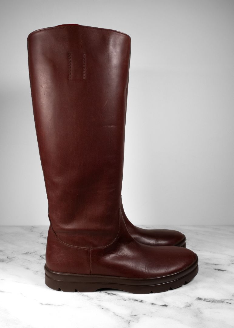 The Row Dark Maroon Leather Lug Sole "Billie" Knee High Boots
