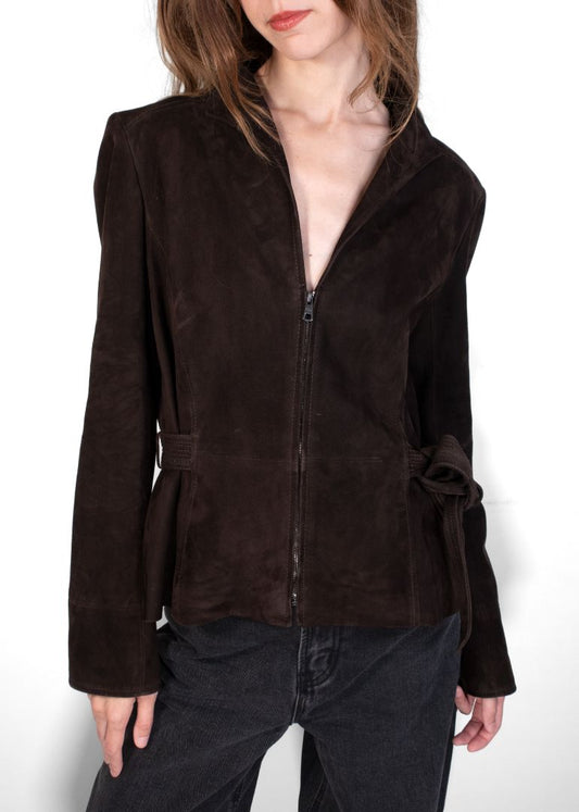 Valentino Dark Brown Suede Belted Jacket With Structured Shoulders
