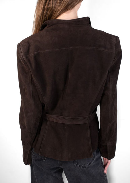 Valentino Dark Brown Suede Belted Jacket With Structured Shoulders