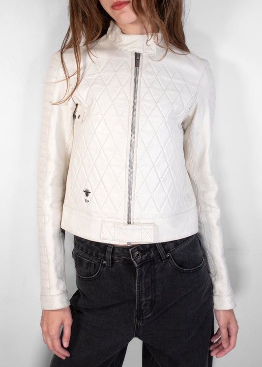 Dior Runway Cream Goat Leather CD Bee Quilted Biker Jacket
