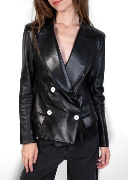 Louis Vuitton Black Leather Blazer With White Buttons