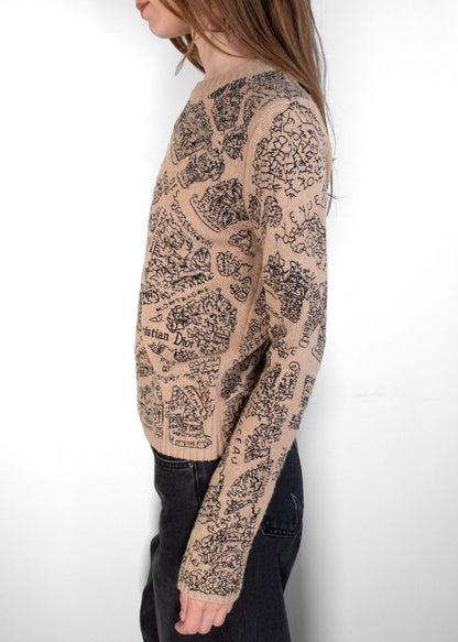 Dior Beige Cashmere Sweater With Intricate Black Toile Style Print Design