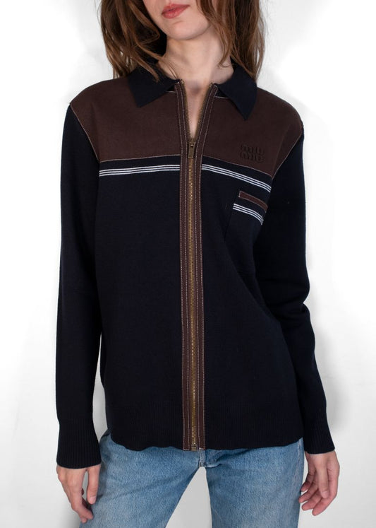 Miu Miu Navy Wool And Brown Suede Zip Up Jacket
