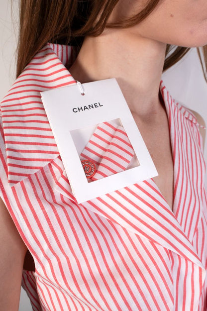 Chanel Red/white Striped Sleeveless Top With Collar