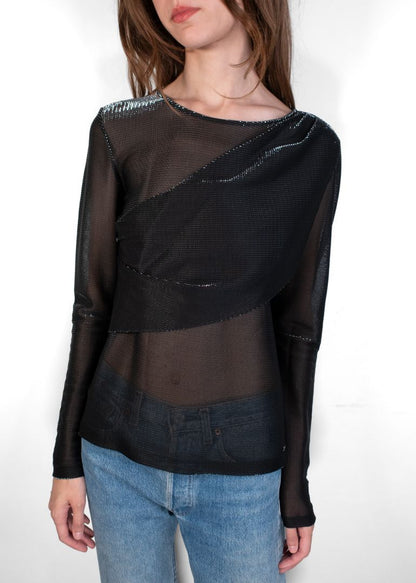 Chanel Black Sheer Blouse With Silver Stitching
