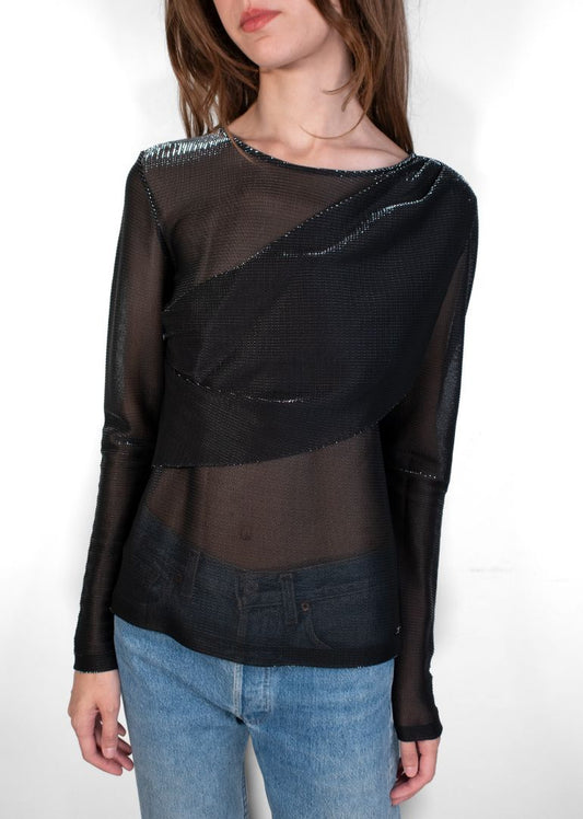 Chanel Black Sheer Blouse With Silver Stitching
