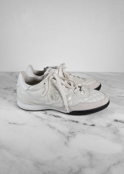 Chanel White Quilted Leather And Suede Sneakers