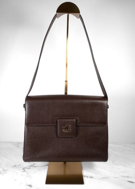 Chanel Brown Caviar Leather Shoulder Bag With Gold CC