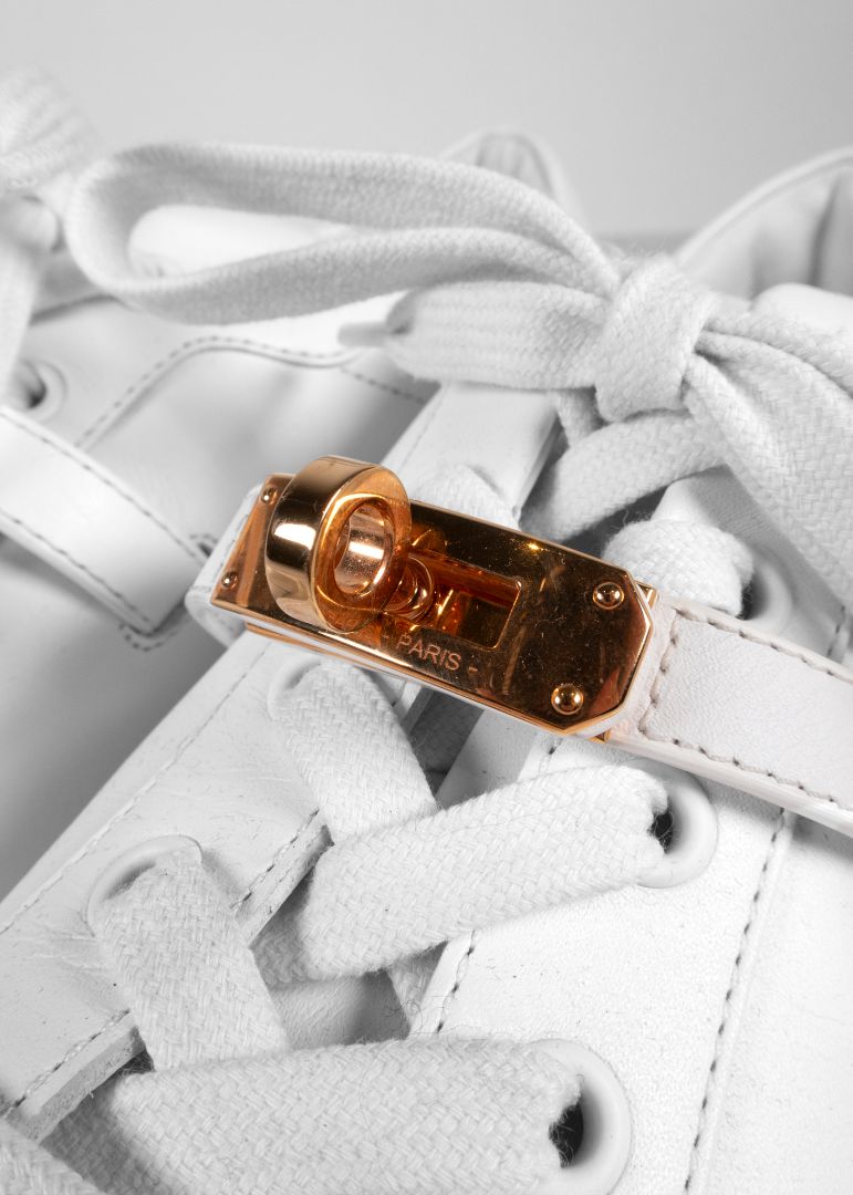 Hermes White Sneakers With Gold Iconic Buckle