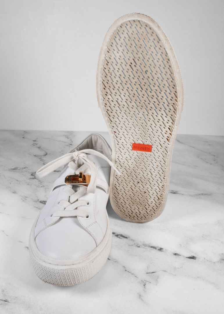 Hermes White Sneakers With Gold Iconic Buckle