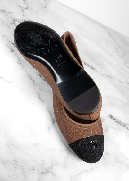 Chanel Bronze Glitter Finish Ballet Flats With Black Cap Toe And Gold CC
