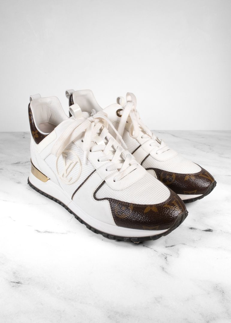 Louis Vuitton White Run Away Sneakers With Brown Leather Monogram