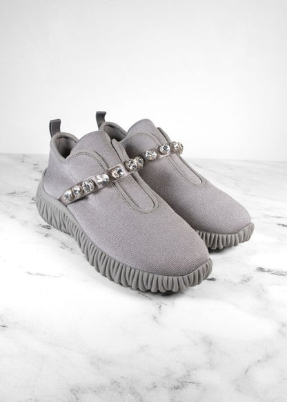 Miu Miu Grey Stretch Knit Crystal Embellished Slip On Sneakers