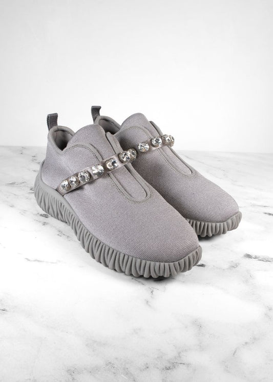 Miu Miu Grey Stretch Knit Crystal Embellished Slip On Sneakers