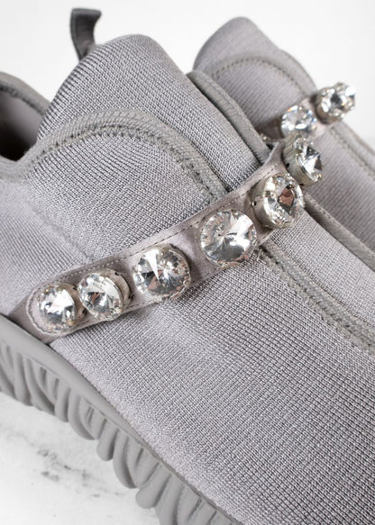 Miu Miu Grey Stretch Knit Crystal Embellished Slip On Sneakers