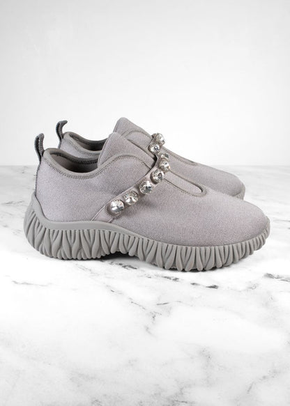 Miu Miu Grey Stretch Knit Crystal Embellished Slip On Sneakers