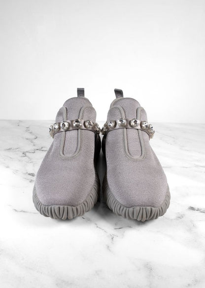 Miu Miu Grey Stretch Knit Crystal Embellished Slip On Sneakers