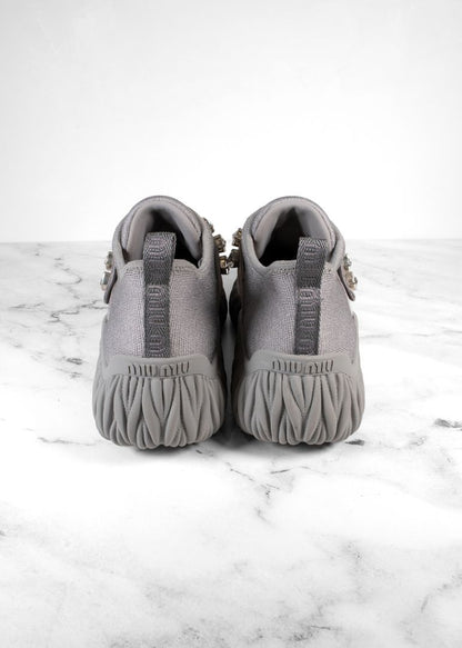 Miu Miu Grey Stretch Knit Crystal Embellished Slip On Sneakers
